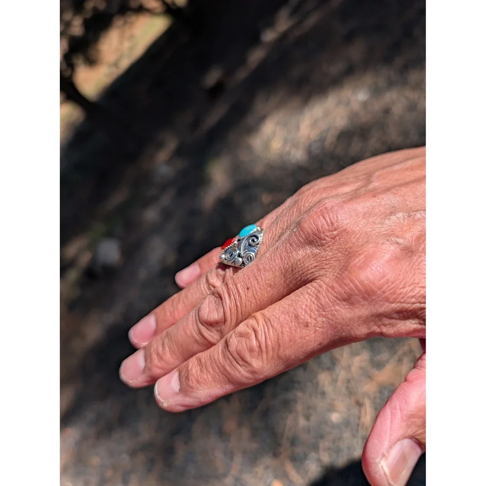 Navajo Men's Ring Sterling Turquoise Coral by Lorena Brown‎ 10.5 Southwest **